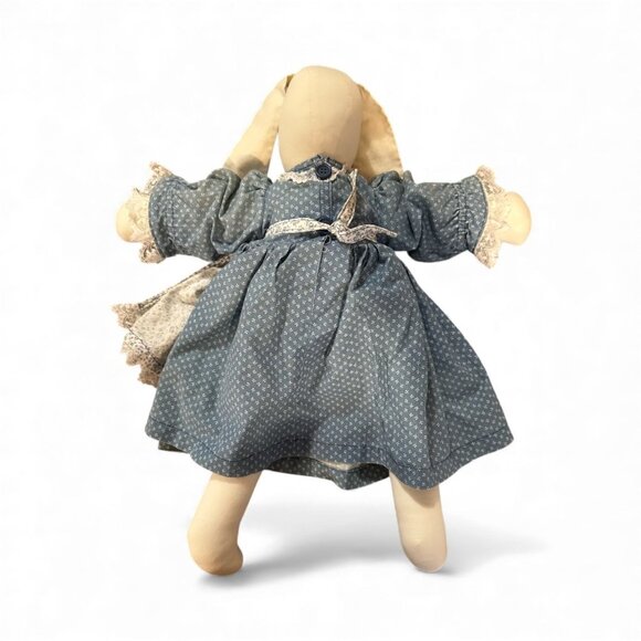 Vintage Handmade Primitive Bunny Doll 18" With Lace-Trimmed Blue & Floral Dress - Picture 3 of 5